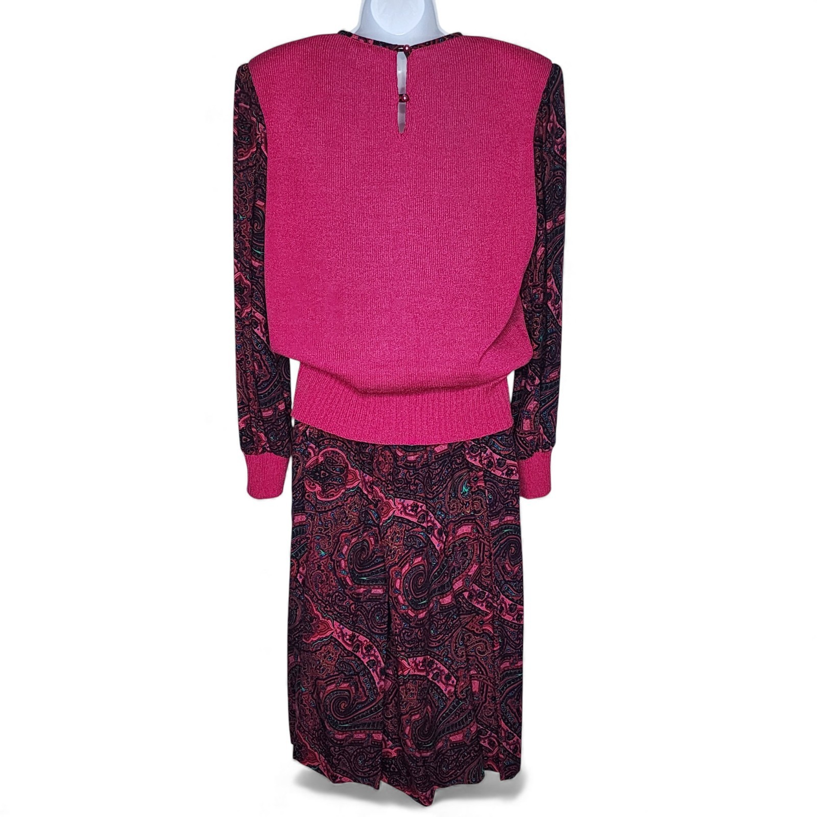 Vintage 80s Pink Paisley Two Piece Sweater Skirt Set Anthony Sicari Size 12