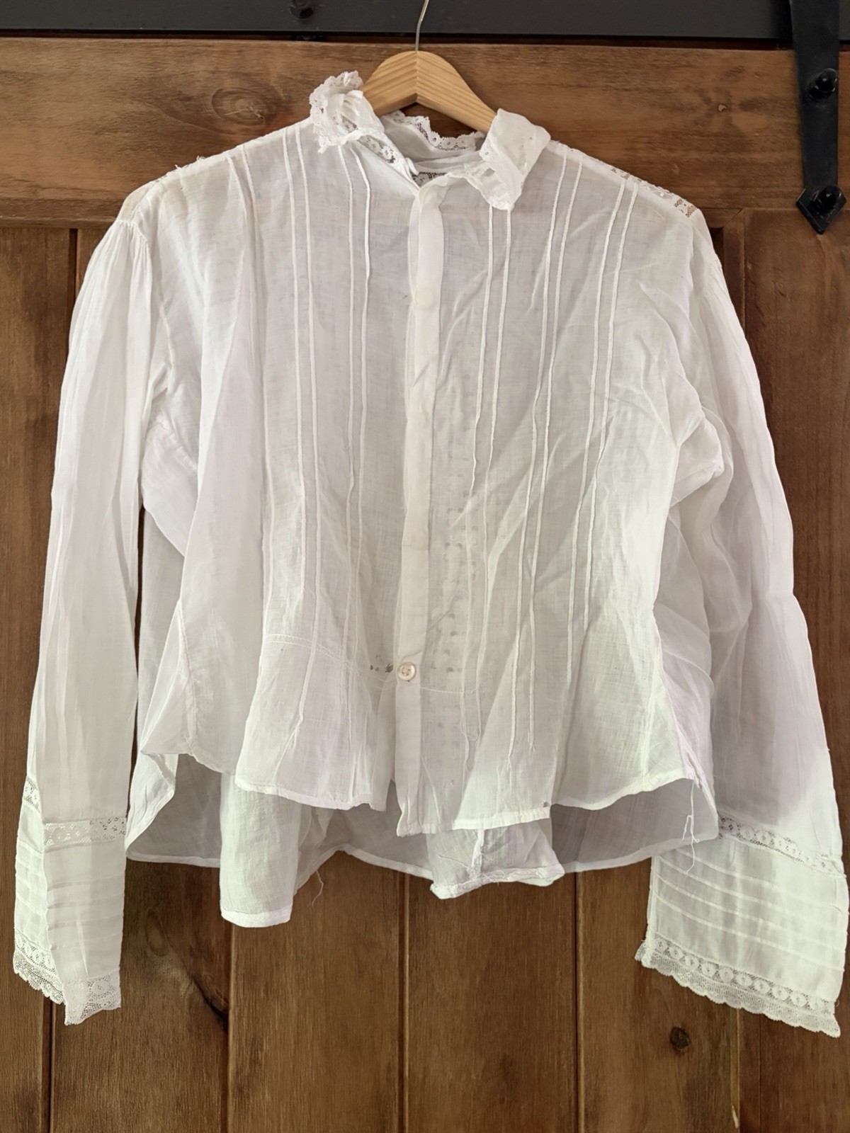 Antique Edwardian White Cotton Lace Blouse Bodice Whitework Pintuck c. 1900s
