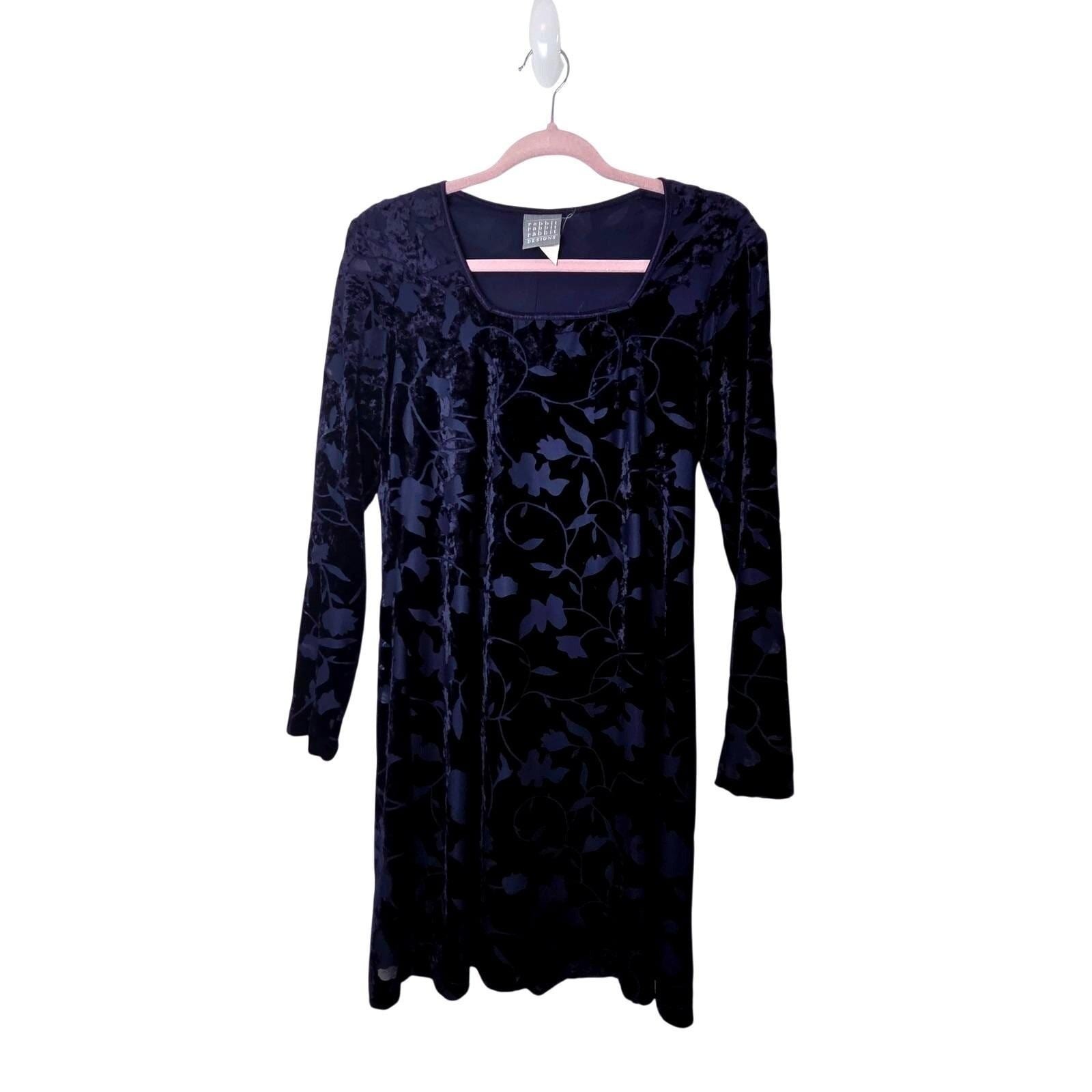 Rabbit Rabbit Designs Dress Women 10 Navy Blue Vintage Velvet Floral Long Sleeve