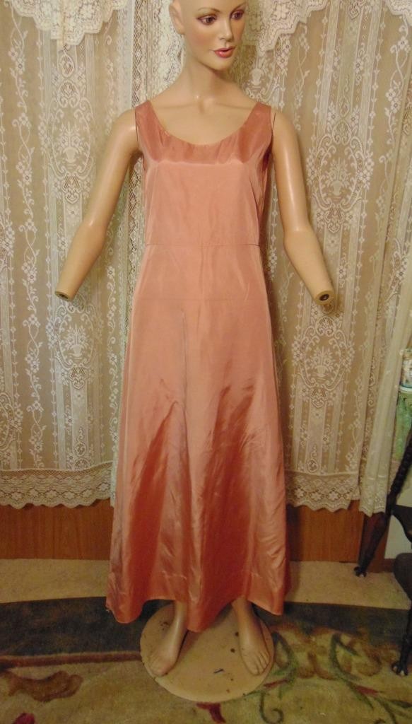 VTG 30s Peach Alencon Lace Puff Sleeve Dress & Matching Taffeta Slip 32W