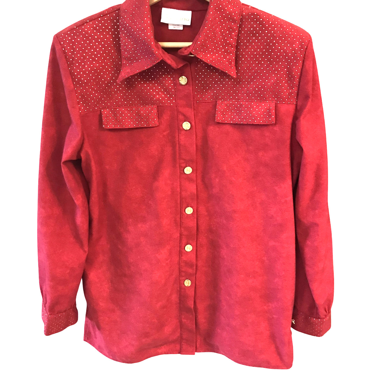 Jordana Metallic Dot Tunic Vintage 70s Blouse Red w/Gold Dots Size Small 6-8