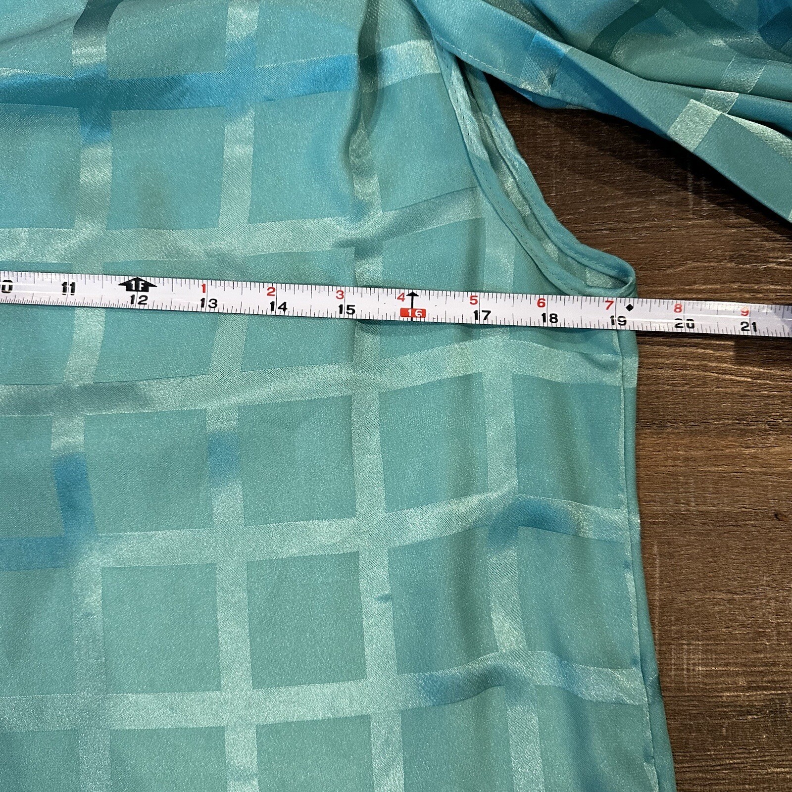 Vintage Teal Blue Windowpane Satin Midi Dress Pleated Flutter Sleeve Belted M