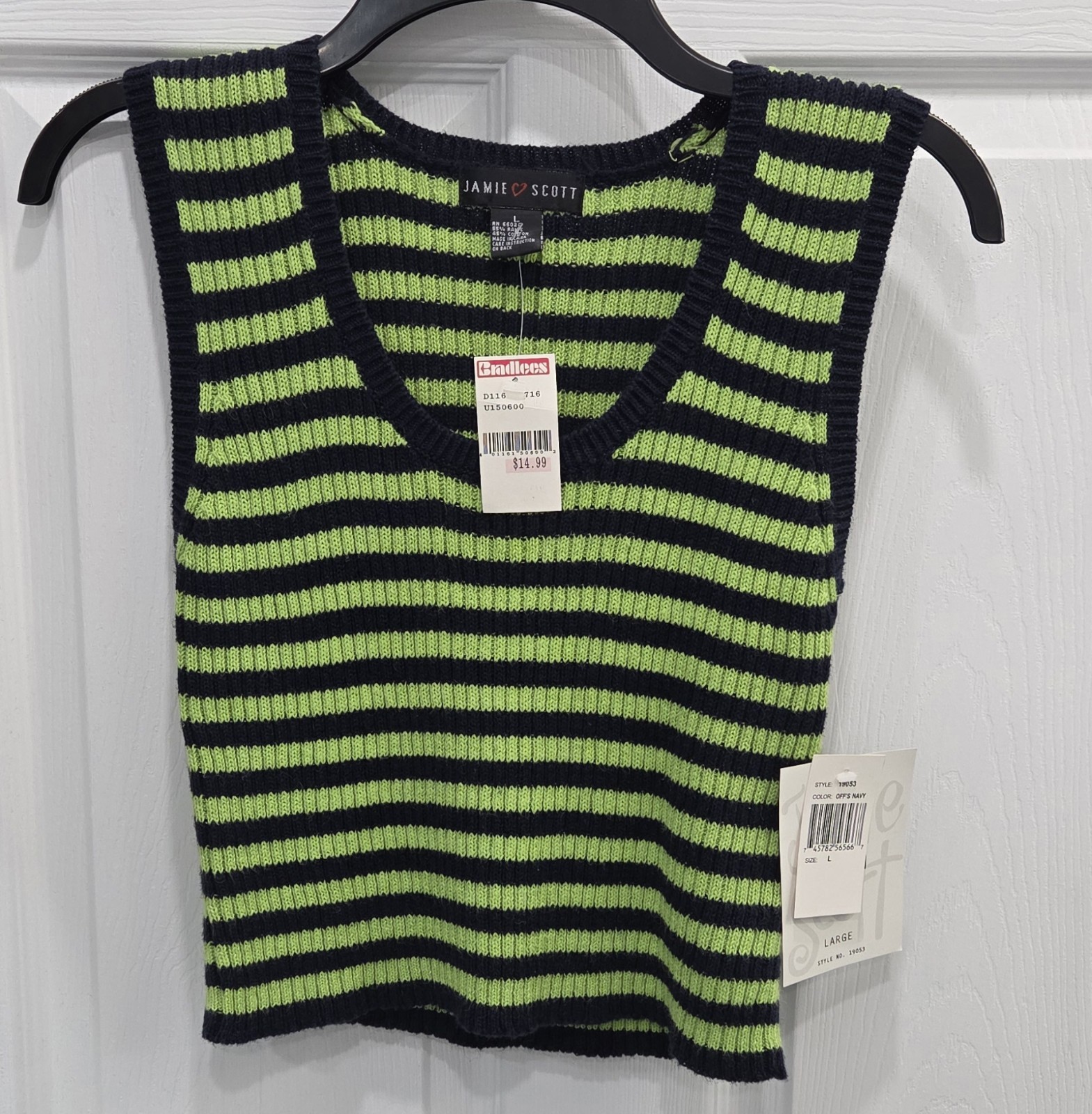 Vintage Jamie Scott NWT Striped Knit Sweater Tank Top Large Lime Green Navy