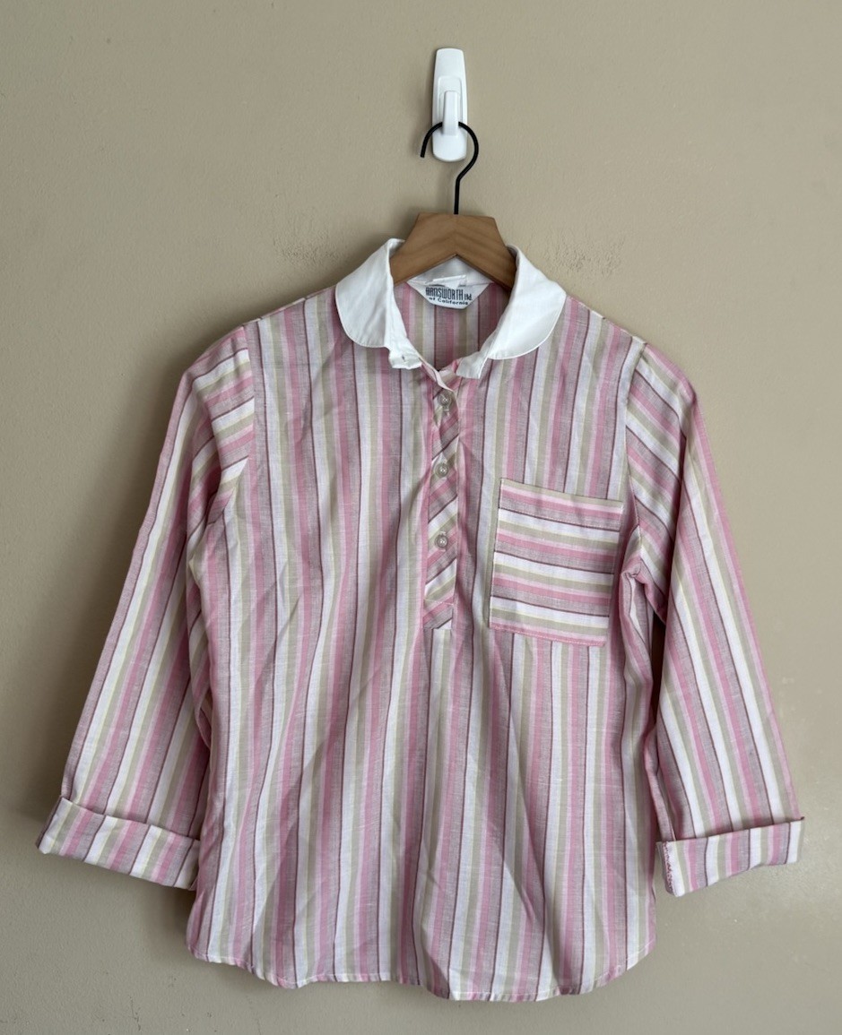 Vintage Blouse Top 70s 80s Striped Popover Cotton Blend Womens Size 10