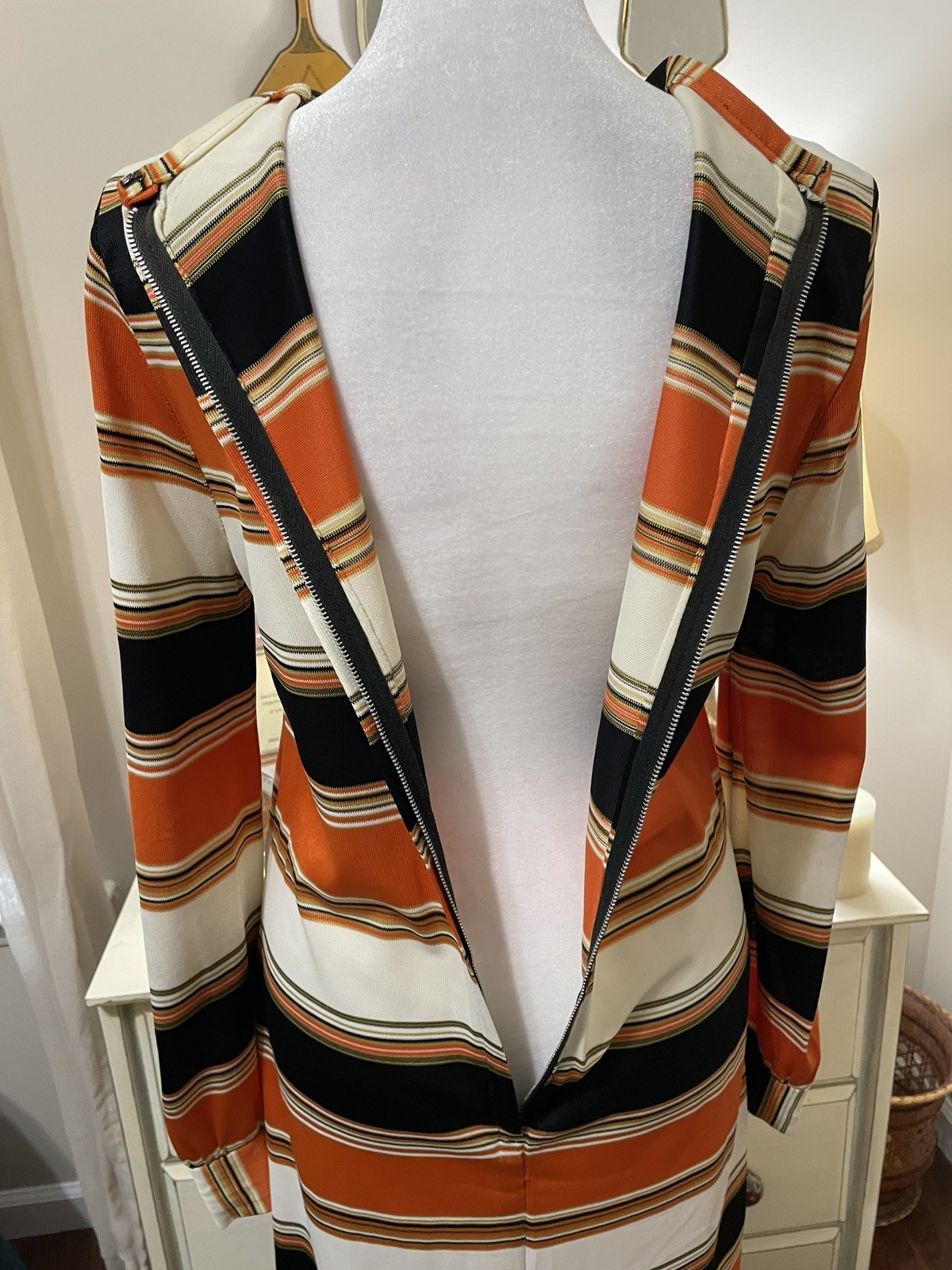 Hand Sewn Vtg 70s Midi Dress Orange Brown Yellow Sm/6 Long Sleeve Back Zipper **