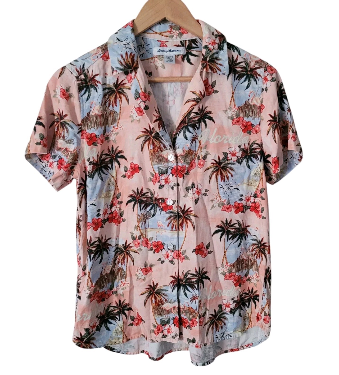 RARE Tommy Bahama Greetings from Florida Silk Camp Hawaiian Shirt Pink XS