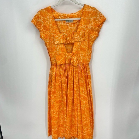 Vintage 50’s Murray Millman swing dress orange midi Sz XS cutout bow back