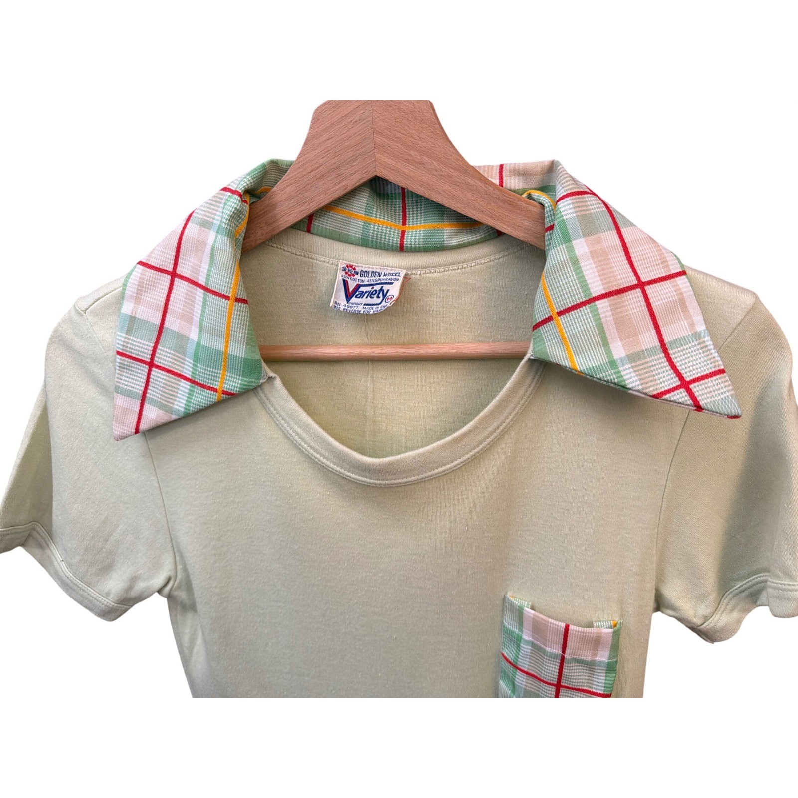 Vintage Golden Wheel Variety Plaid Collar Top Retro 70s Preppy Kitsch Soft Girl