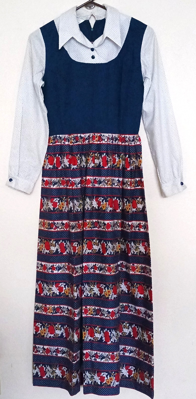 VTG 70s Sears Fashions Maxi Dress Navy Red Floral Cotton Print Skirt L/S Small