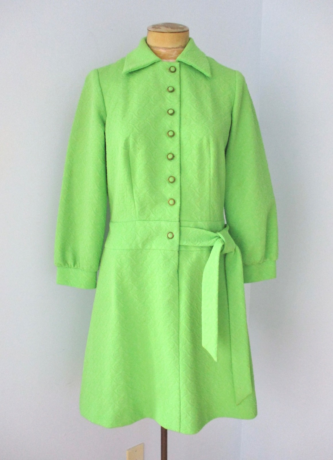 Vtg 60s 70s mod lime green geometric textured poly knit day dress side sash S/M