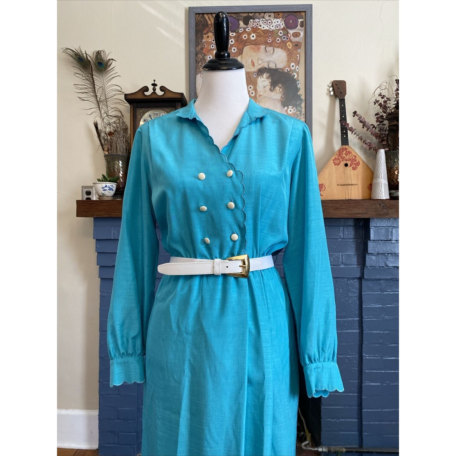 Vintage Schrader Sport Turquoise New York Belted Shirt Dress Size 8 S/M 80s