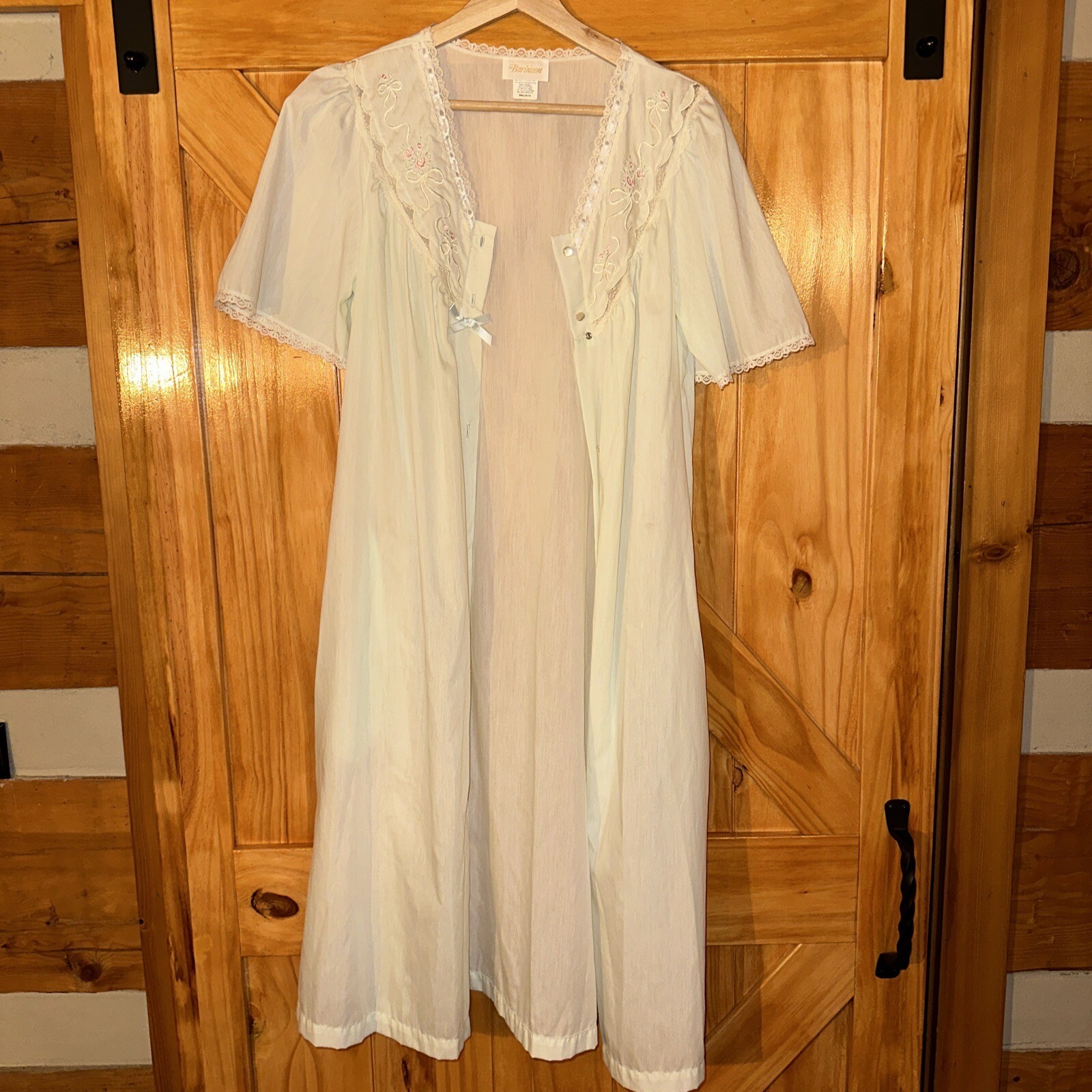 VTG 1960 Barbizon Green Lace Ribbon Rose Nylon Cotton Nightgown & Robe Set Small