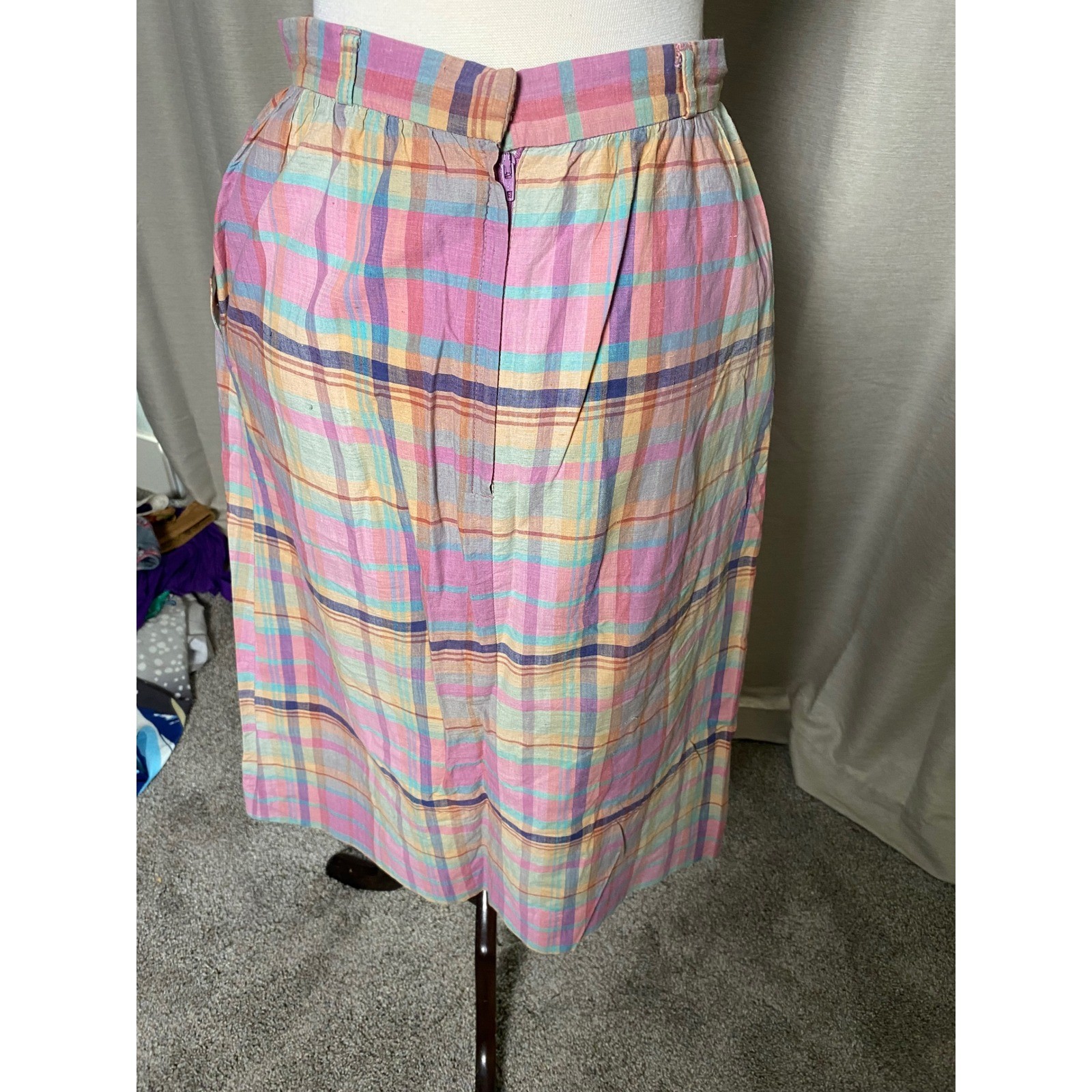 Vintage 70s Pastel Plaid Midi Skirt ILGWU Pink Orange High Waist Retro Pocket S