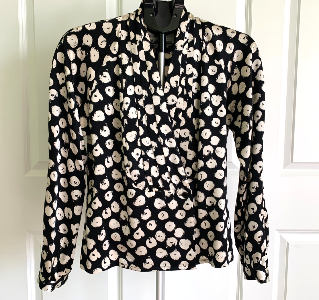 Vtg Constance Saunders 100% silk blouse black cream abstract circles sz 4 M