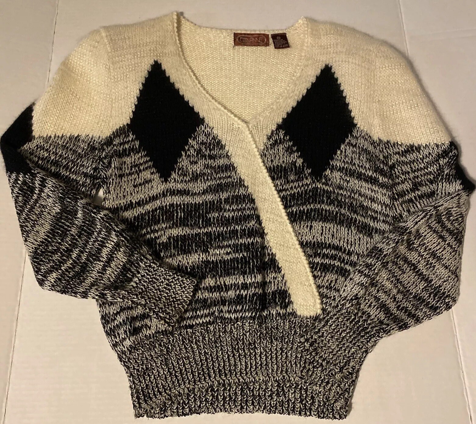 Vintage 80s Ginenne Sweater Medium Women Black White Lambswool Angora Geometric