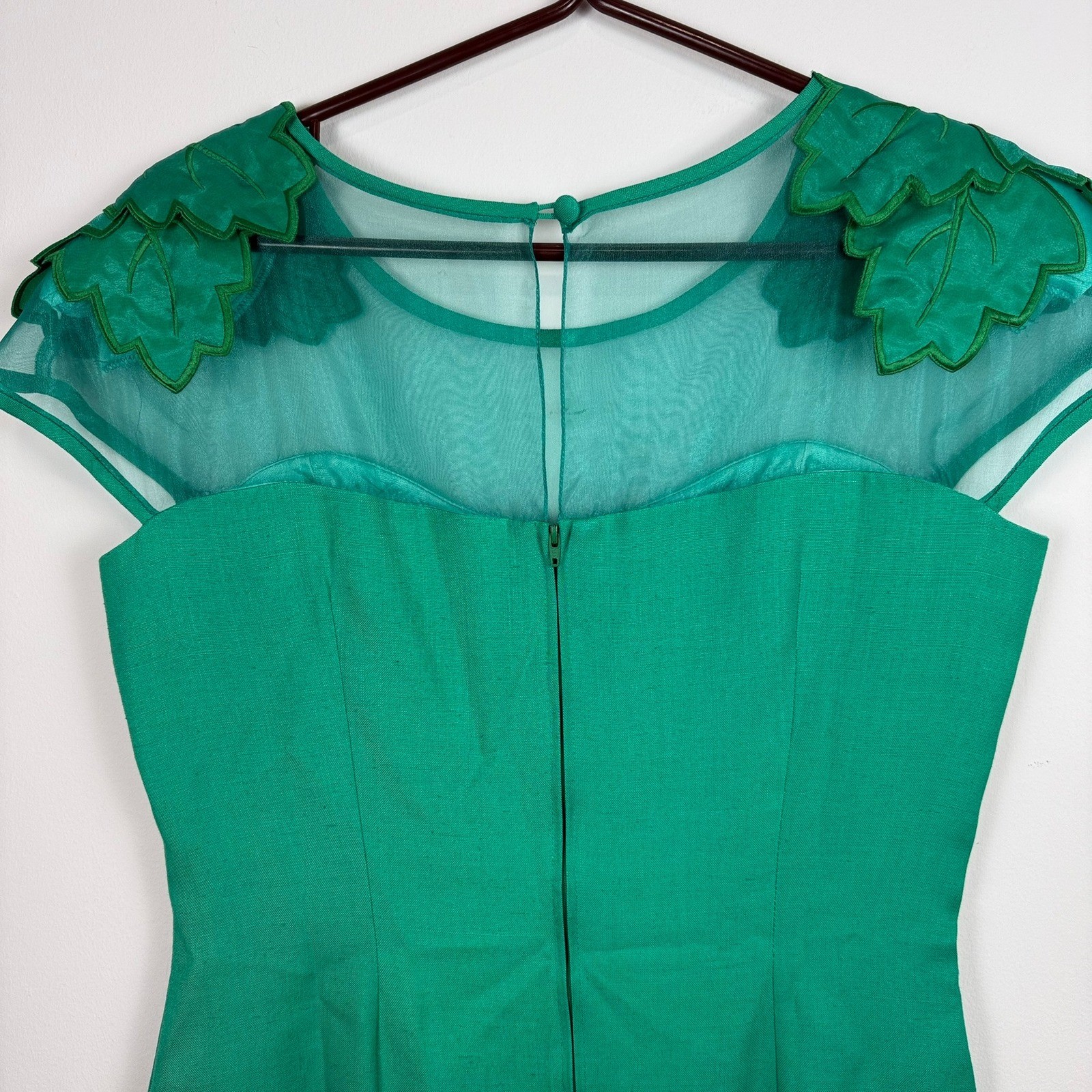 80s Liptons VTG Emerald Green Sequin Leaf Mesh Sheath Dress 12 Made in Canada