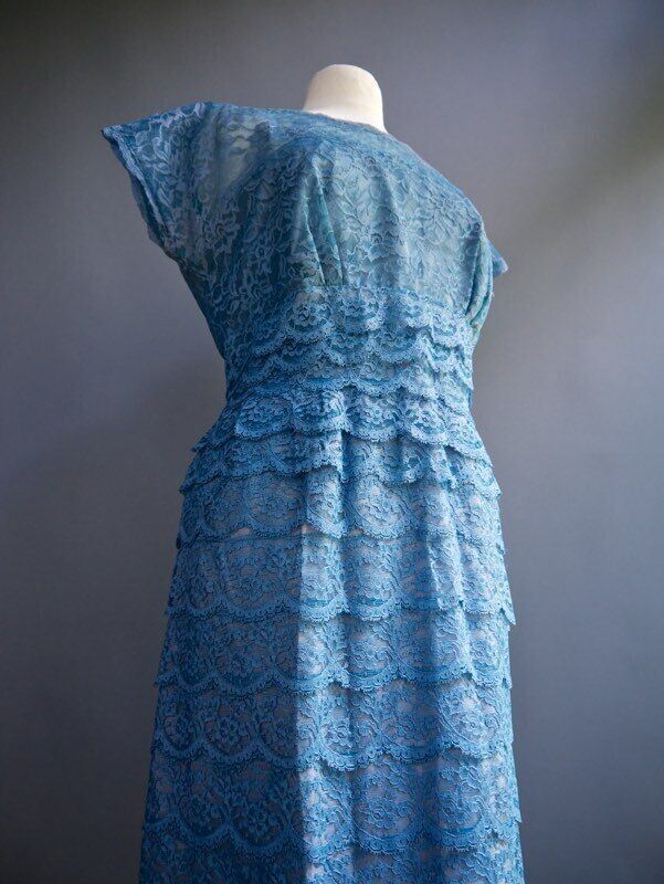 VTG 50s 60s Ferman O’Grady Blue Bombshell Pin Up Starlet Tiered Lace Dress L XL