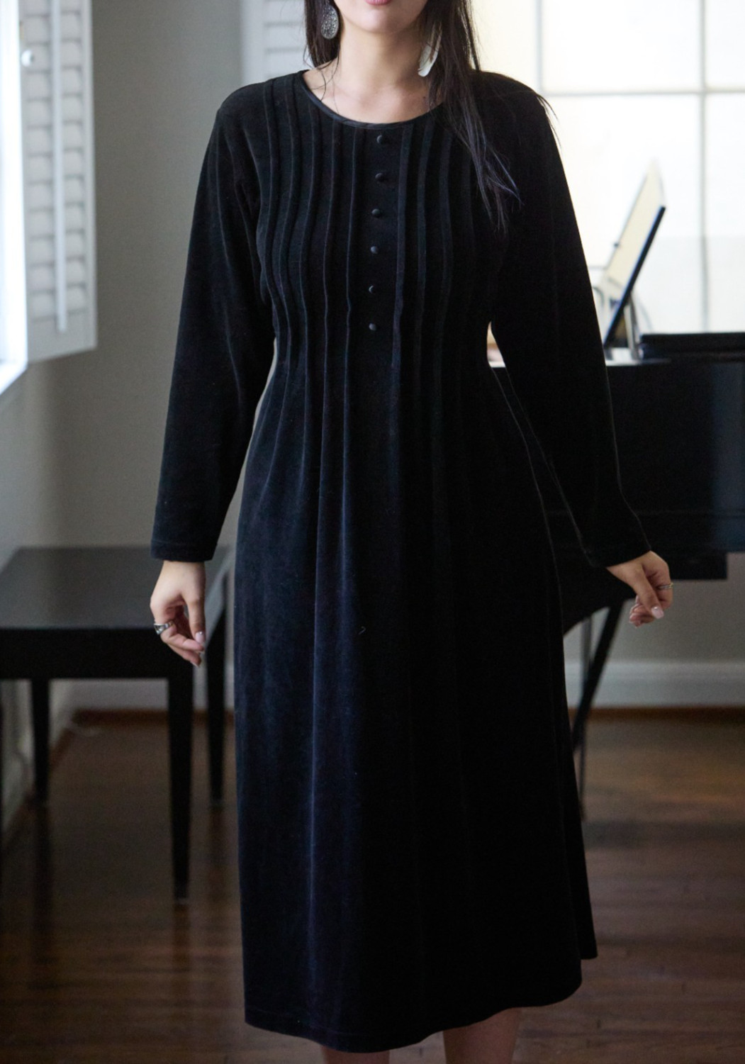 Vintage 90s Fads L Maxi Dress Cotton velour Black belted