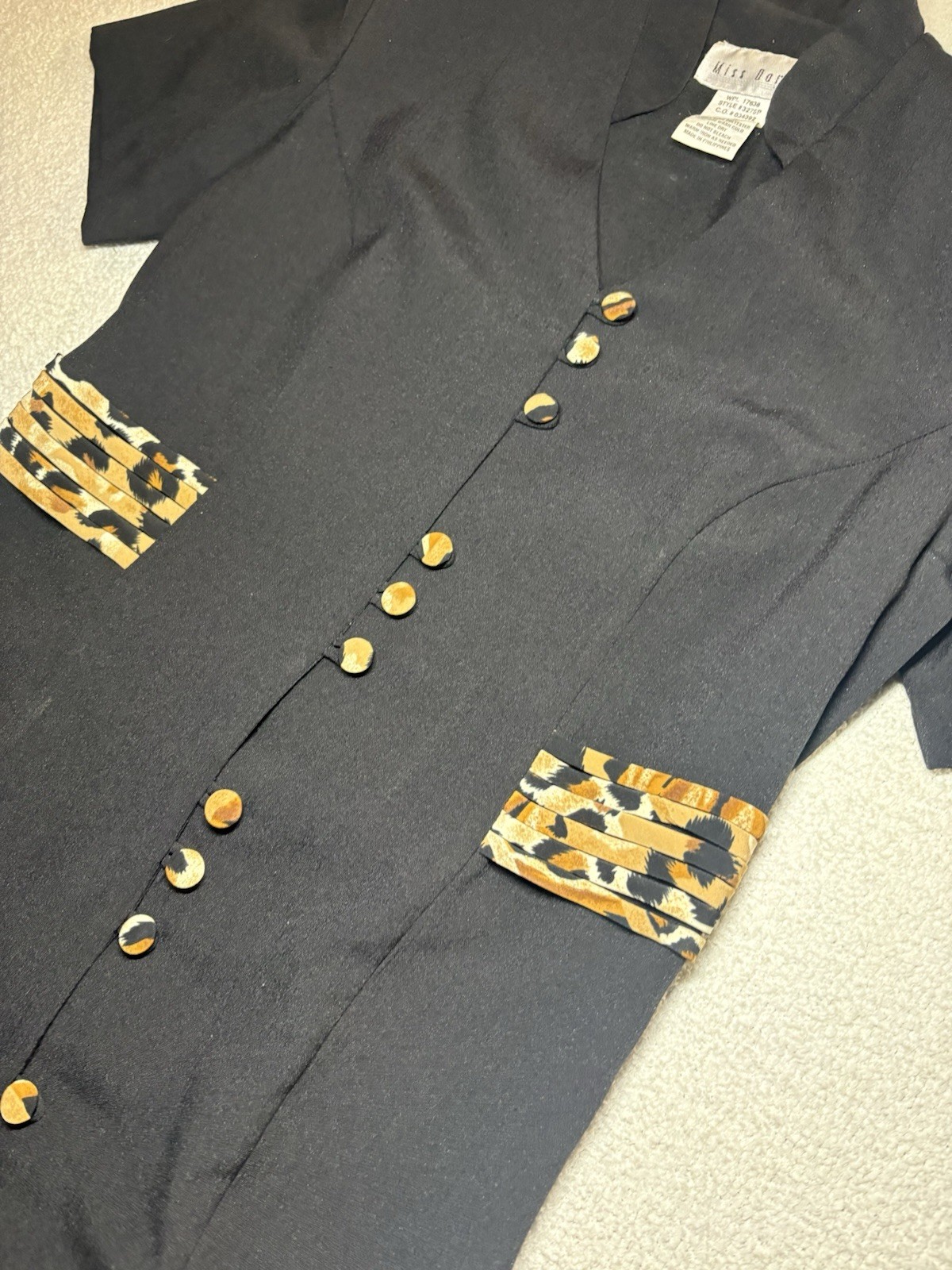 90s Button Front Black Dress with Leopard Print Accents Size 8 Miss Dorby