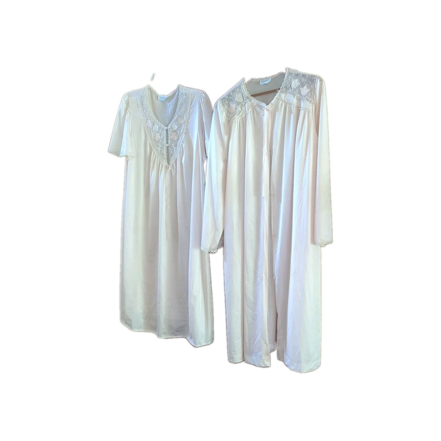 Vintage 80s Lorraine Nightgown & Robe Set SIZE 1X Piece Pink Aqua Appliqué