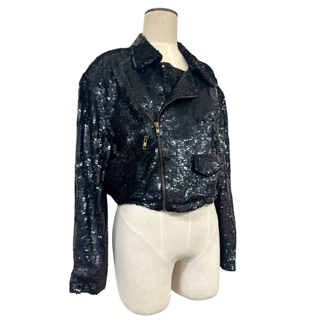 Vintage 1980s MODI Black Sequin Zip Up Rocker Biker Glam Moto Jacket