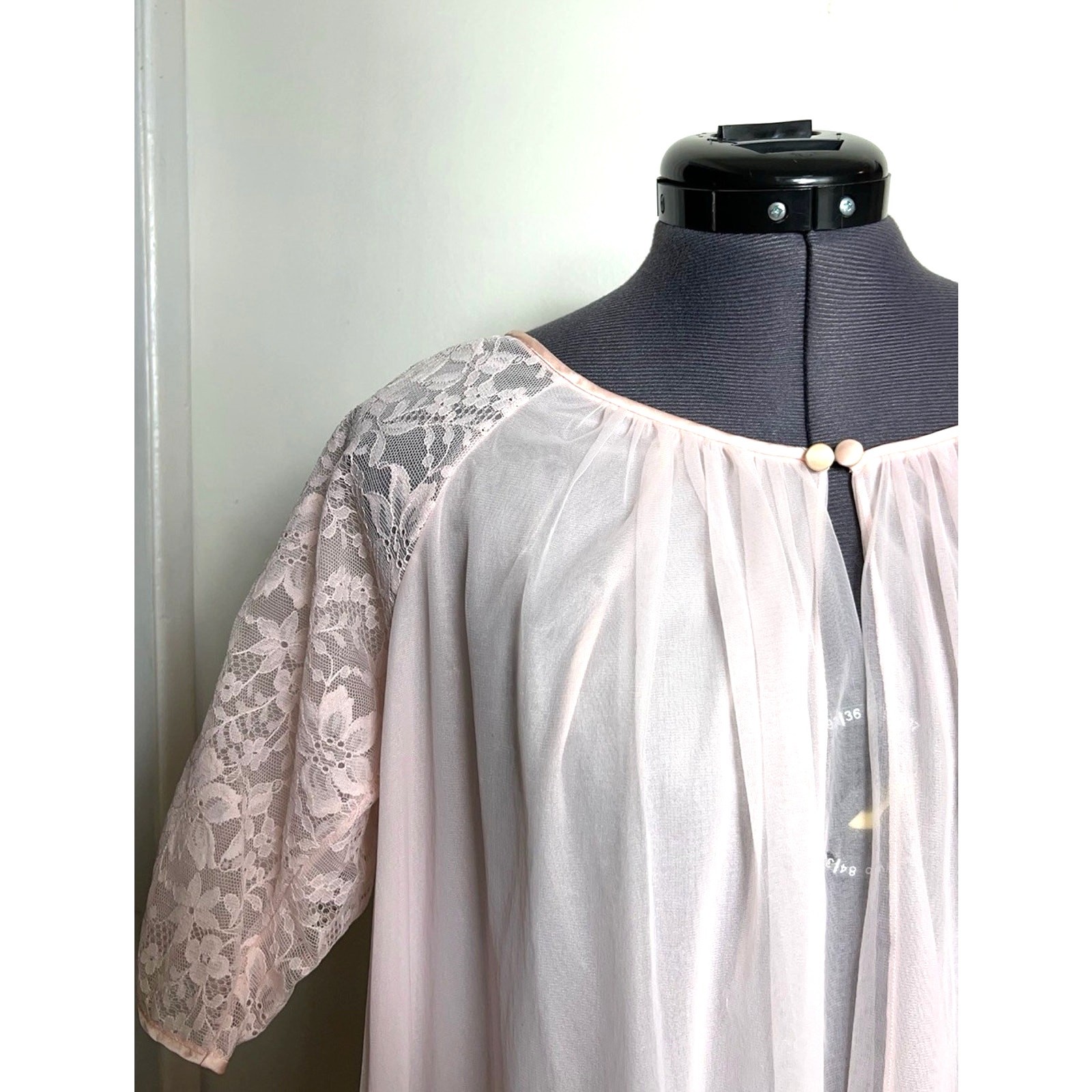 Vintage 1950s Vanity Fair Pink Chiffon Peignoir Robe Lace Sheer Babydoll XS