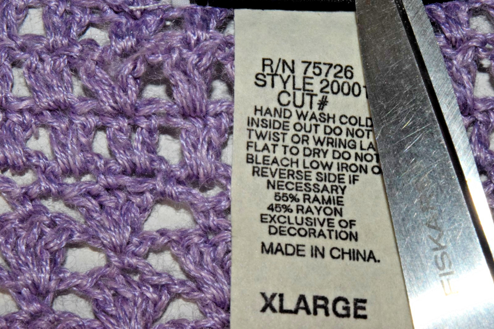 Vintage Tag Crocheted Top Size XL 90s Lavender Ramie Rayon Crochet Embroidered