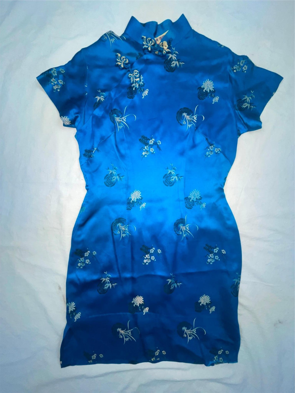 VTG 60S WOMENS S BLUE ASIAN ORIENTAL SHORT MINI SATIN SILK QIPAO CHEONGSAM DRESS