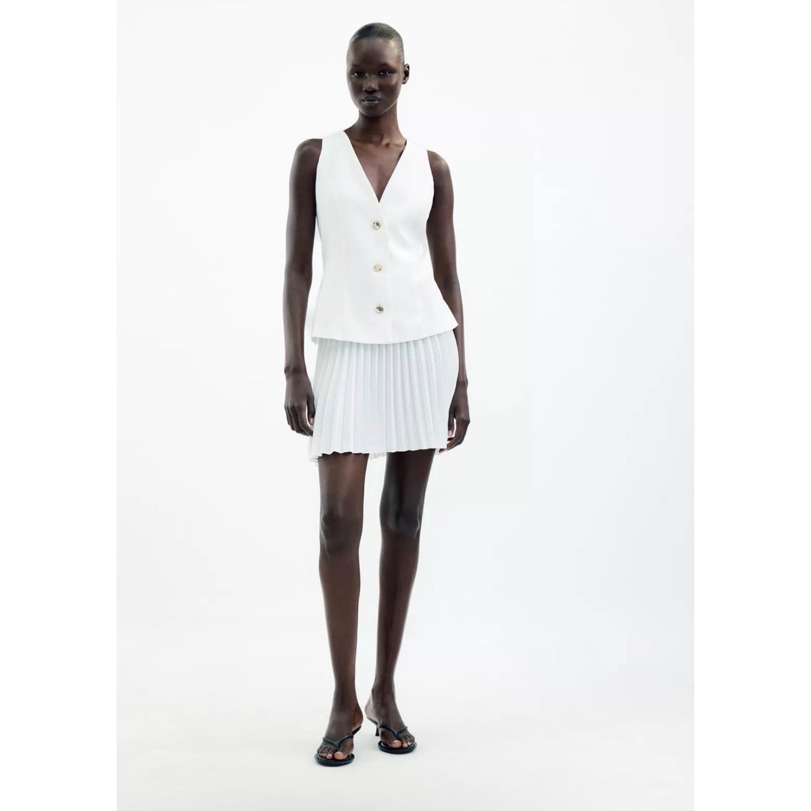 Zara Dress Women XL White Old Money Pleated Mini Skirt V-Neck Waistcoat Vest