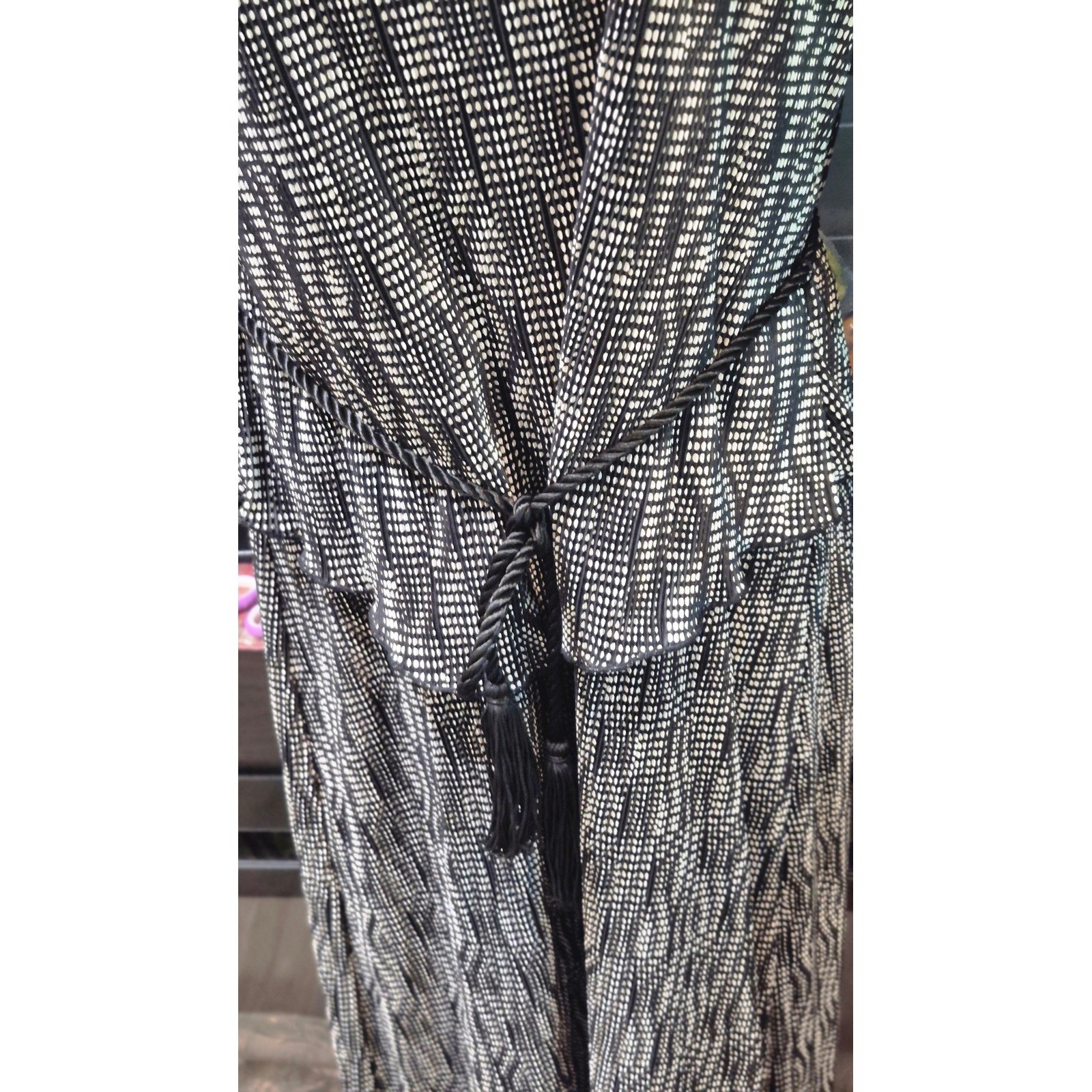 Studio Connection Vintage 80s Peplum Midi Dress Black White Dot Tassel boho 10P
