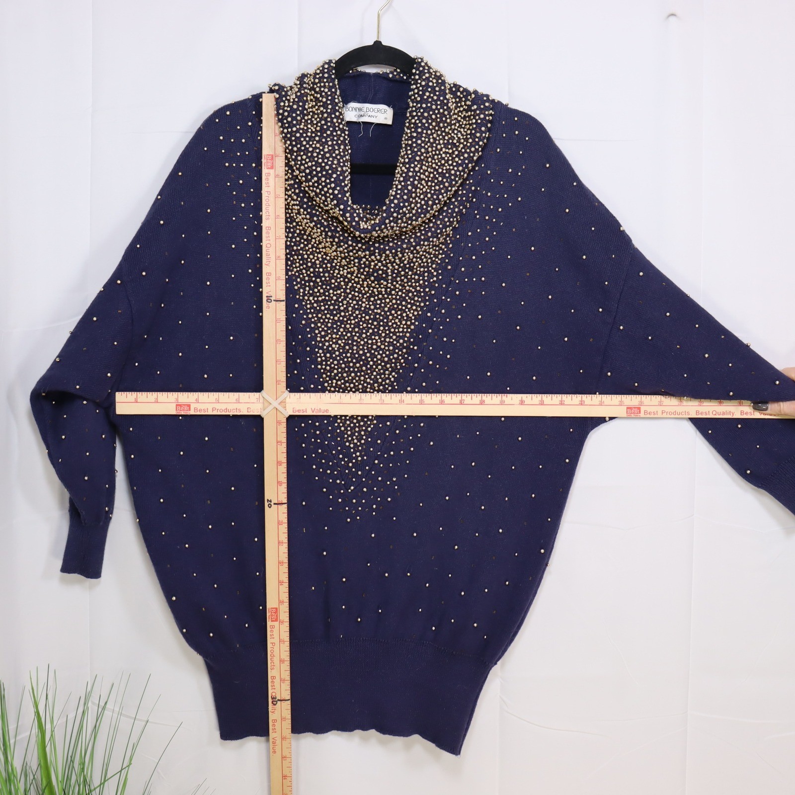 Bonnie Boerer Beaded Cowl Neck Sweater Womens M Navy Blue Dolman Vintage Glam