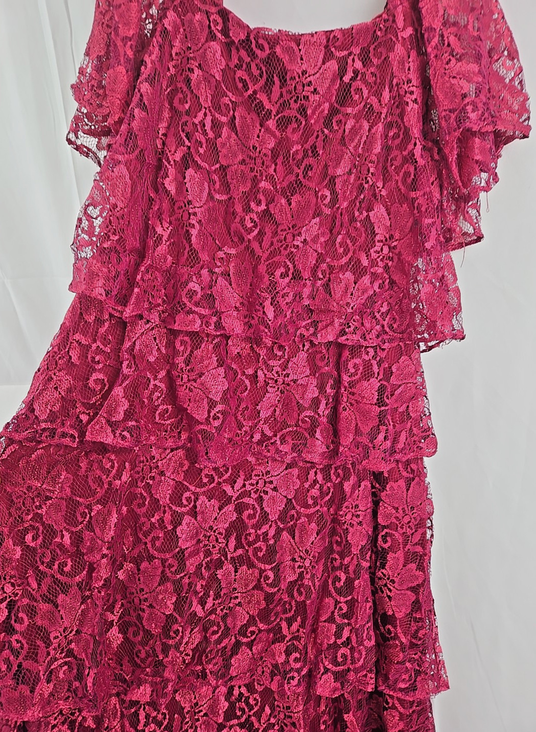 Mister Jay Vintage Dress Sz 14 Short Sleeve Maxi Layers of Lace in Fuchsia Pink