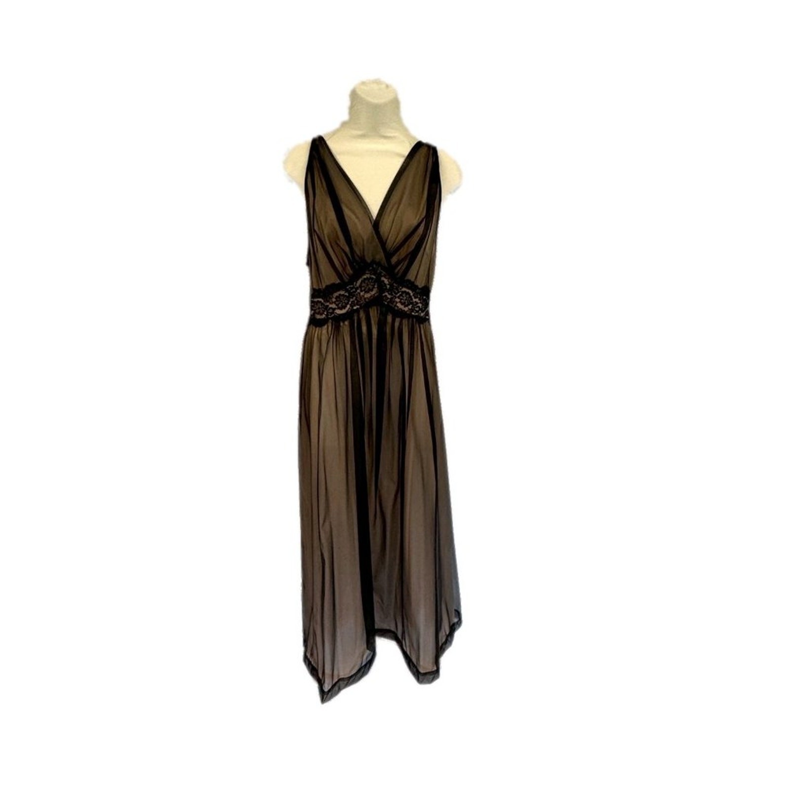 Vanity Fair Size 34 Black & Apricot Sheer Long Nylon Tricot Nightgown
