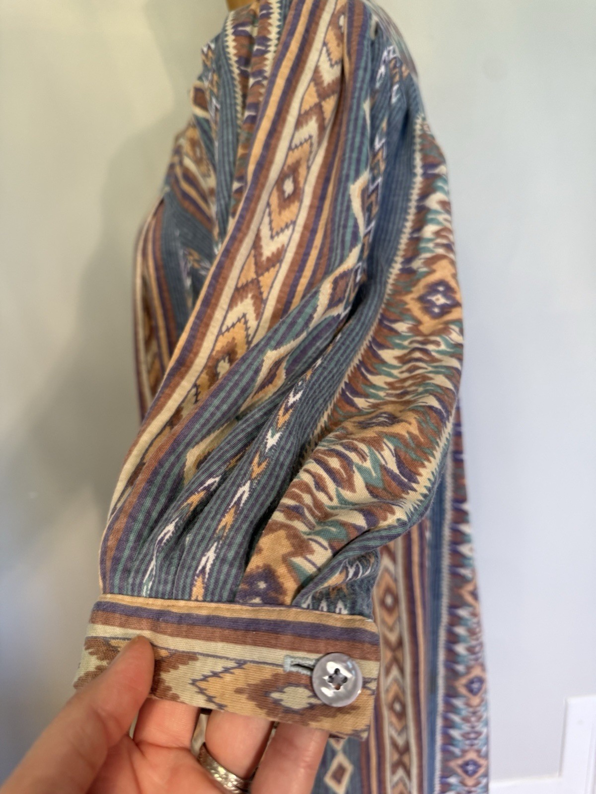 Vintage Ruth Norman Muumuu Dress Puff Sleeves Southwest Aztec Soft Fits S-M