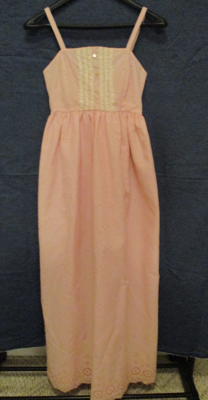 70’s Handmade Pink Eyelet Trimmed w/Lace Sleeveless Empire Waist Midi Dress XXS