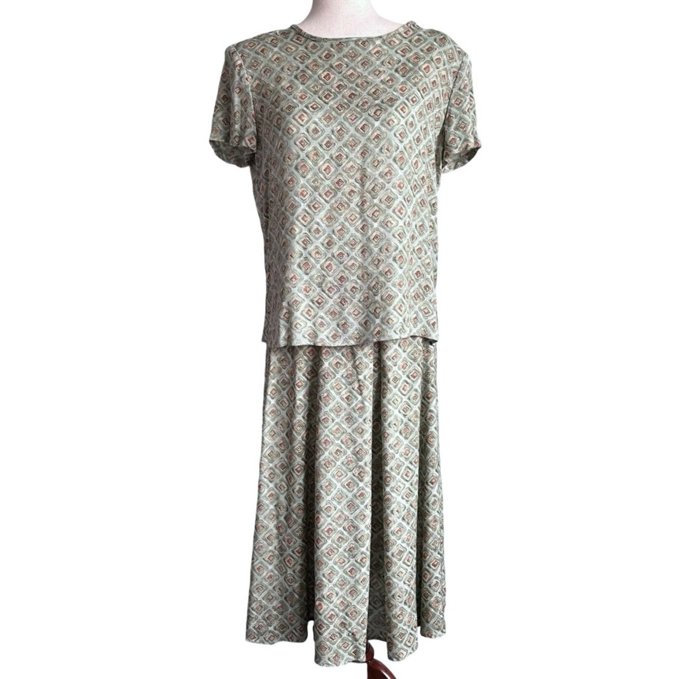 Vintage Norton McNaughton Green Print Two-Piece Skirt Top Set Size 8/10 EUC