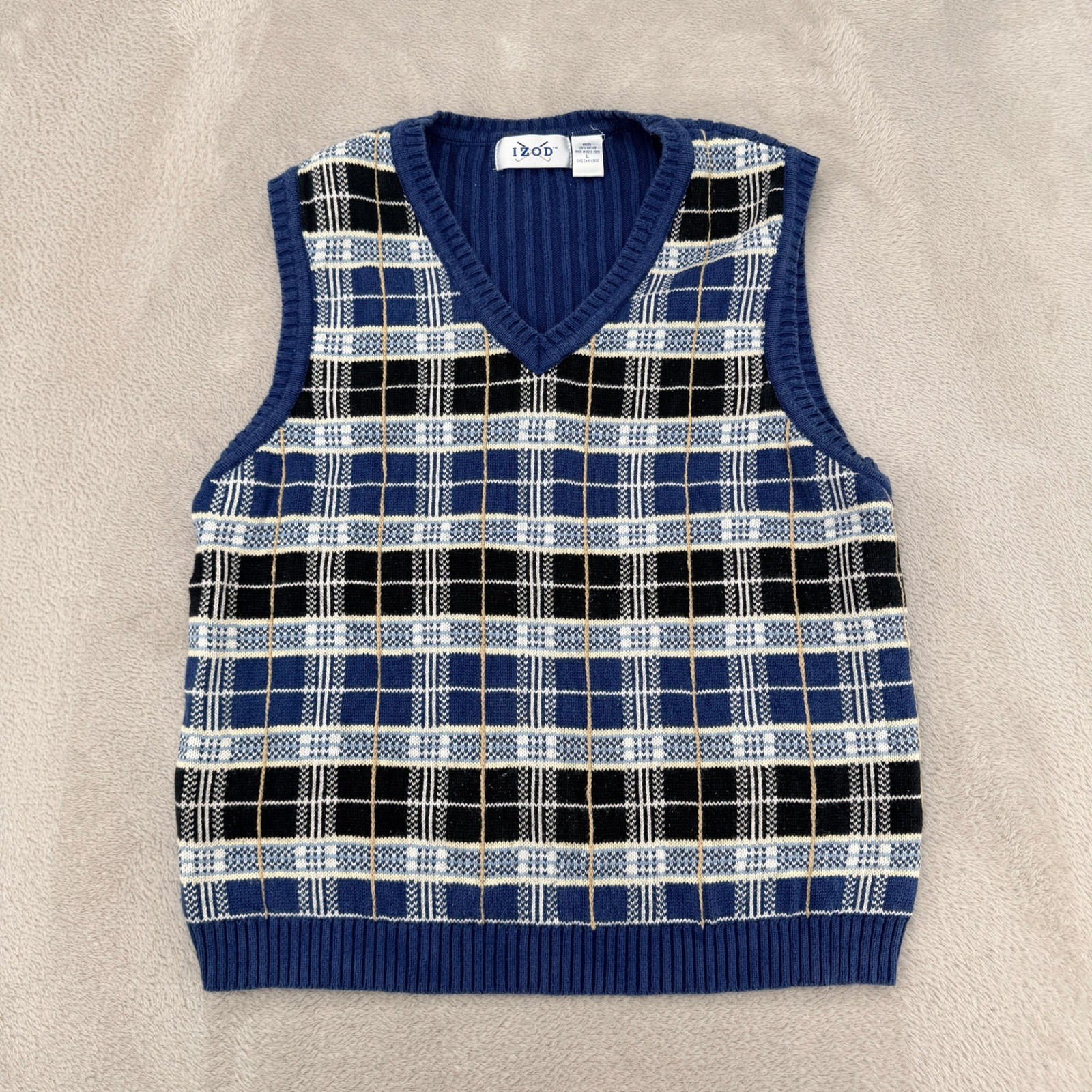 VTG 90s Izod Golf Sweater Vest Womens L Blue Plaid Knit Vneck Pullover Preppy