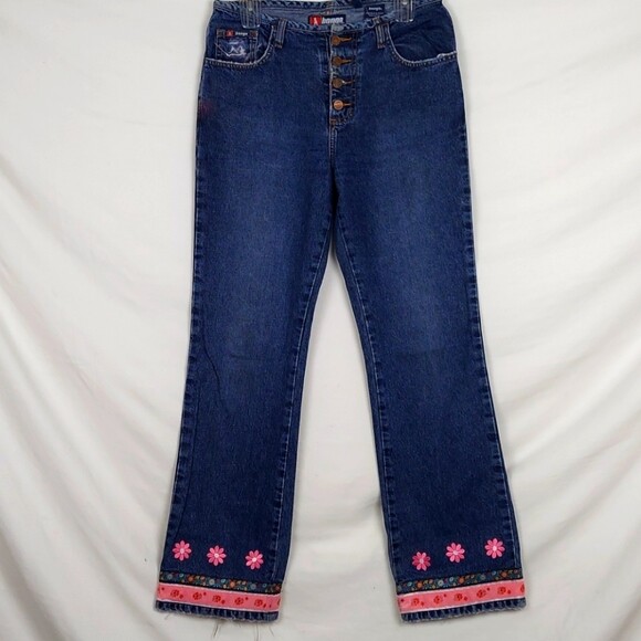 Vintage 90s Bongo Flare Jeans Womens 8X31″ button fly high rise floral hem Boho