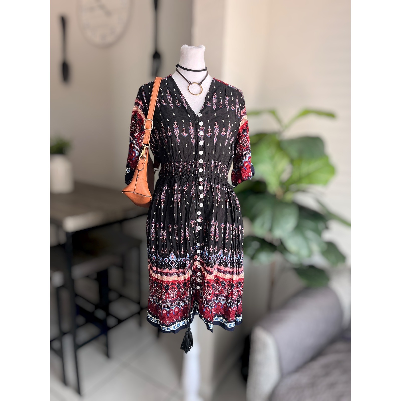 Unbranded Boho Paisley Print Button-Front Tassel Dress Size XL