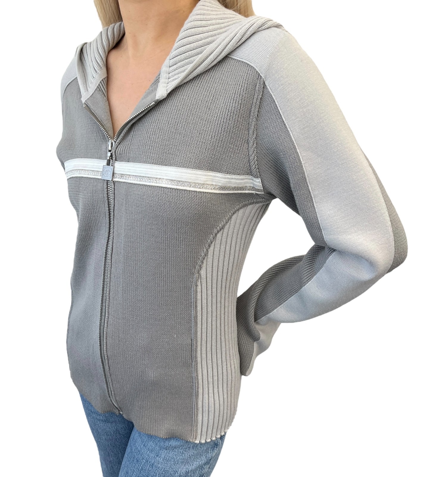 CHANEL Sport Vintage 04A CC Logo Knit Zip Hoodie Jacket Top #38 Gray 901826