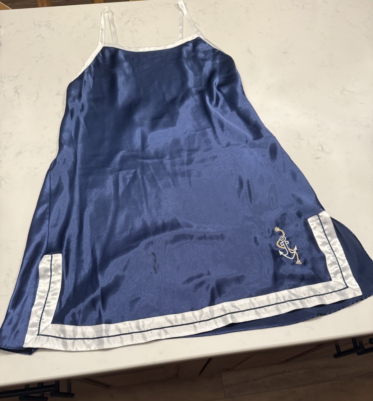 Val Mode Lingerie Slip Satin Woman Size: Large Navy Blue Sailor Anchor VTG 80’s