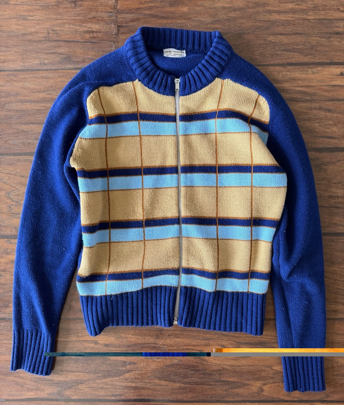 RARE Vintage Zip Up Sweater YKK Zipper Made In Korea 100% Acrylic Kids L