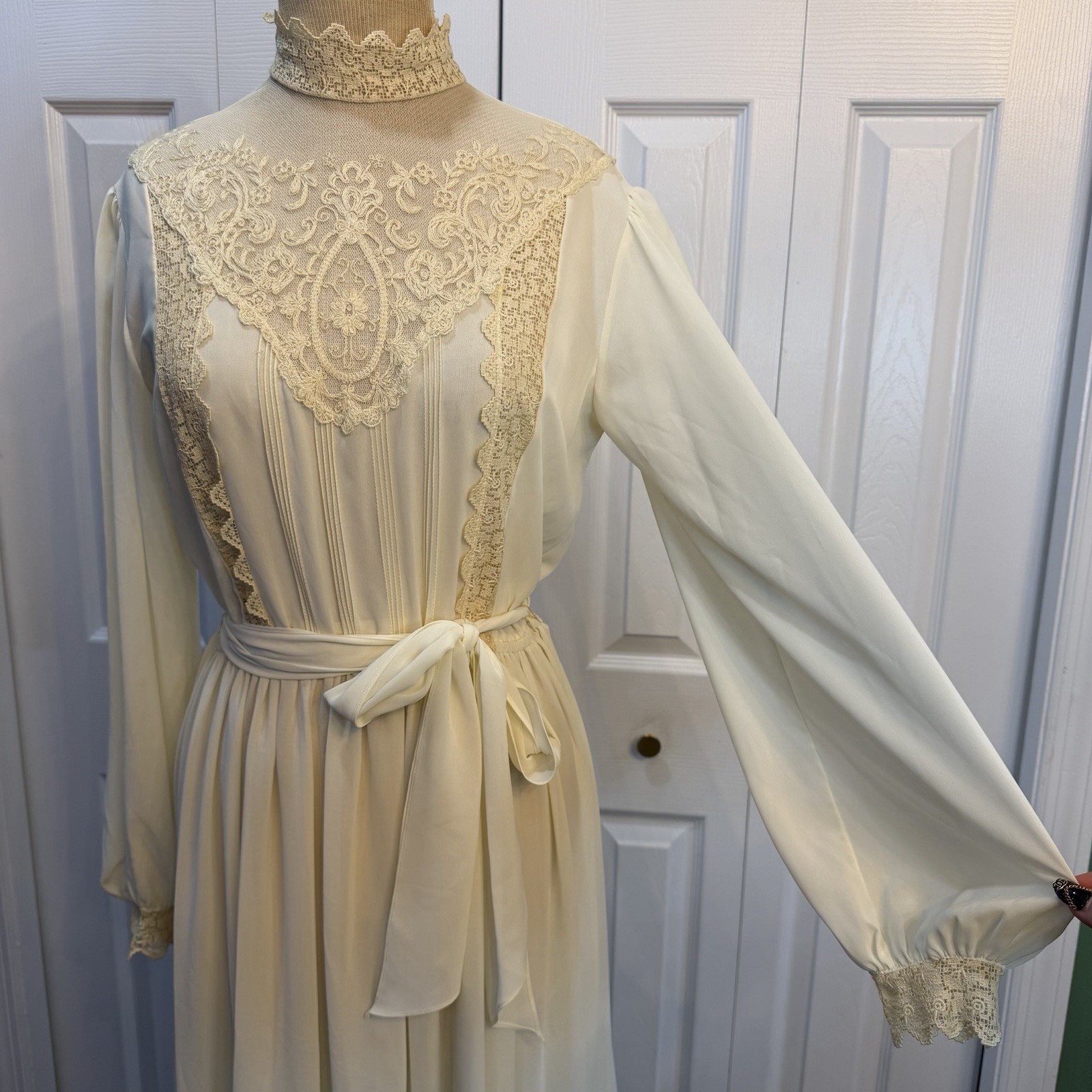 Vintage 70s Bonnie Strauss Dress Medium Lace Sheer Victorian Cottage Prairie 80s