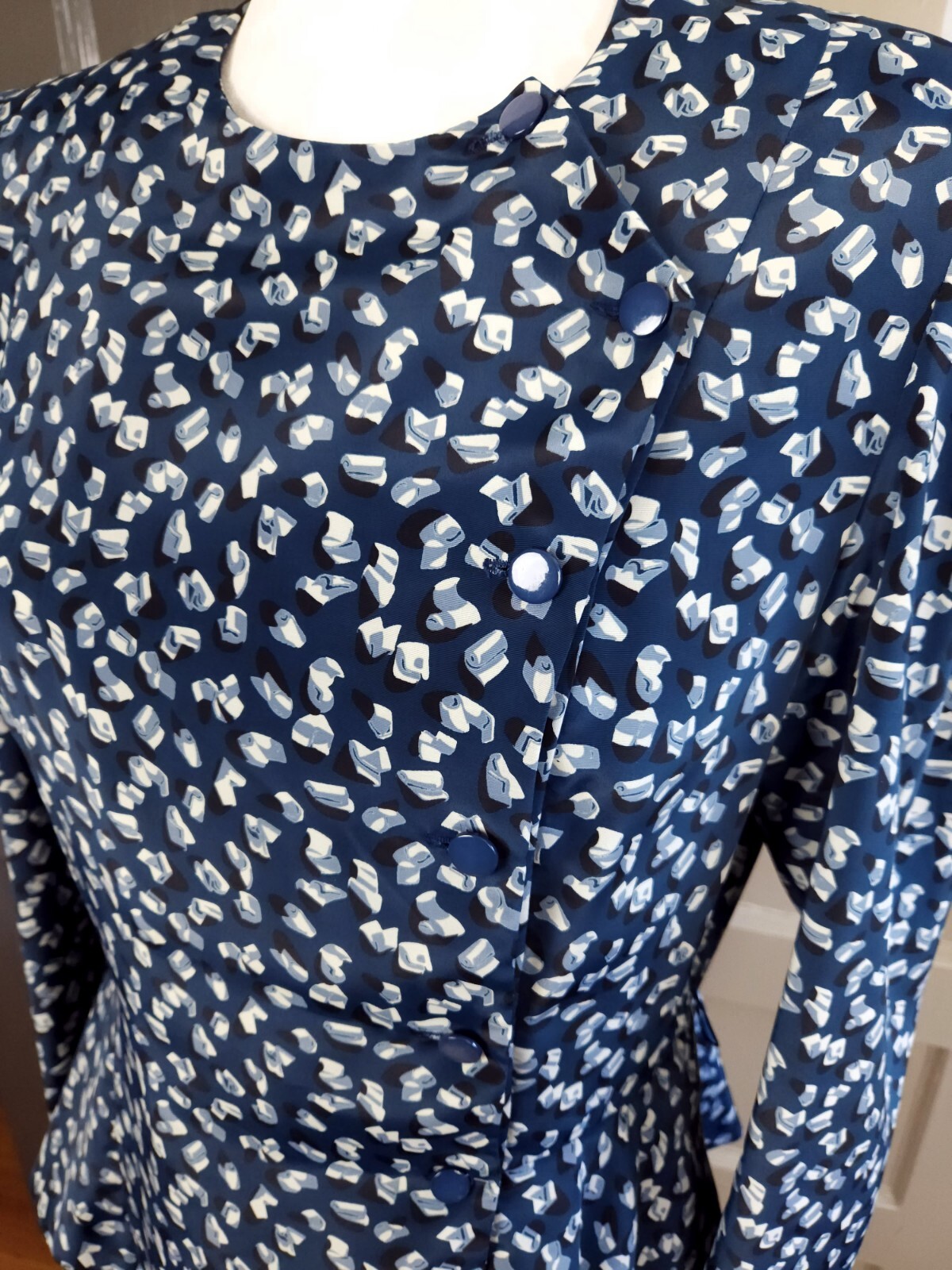 Liz Roberts Petites Vintage Marine Blue Abstract Peplum Dress 80s Women’s Medium