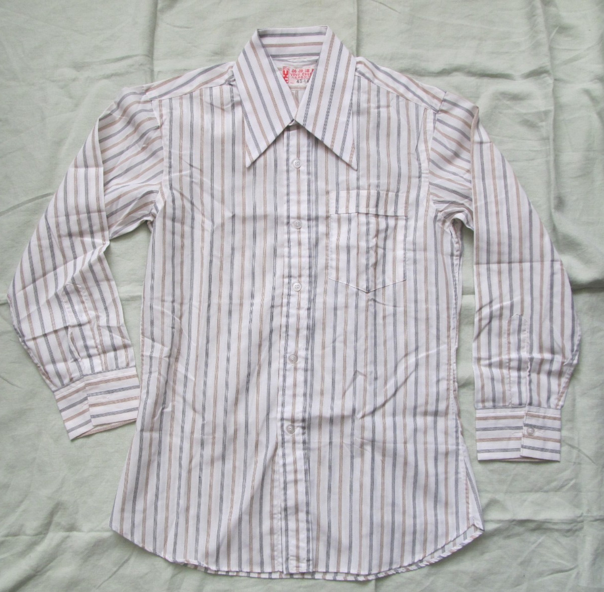 Vintage 60’s large V collar button up brown & black stripe top from Hong Kong