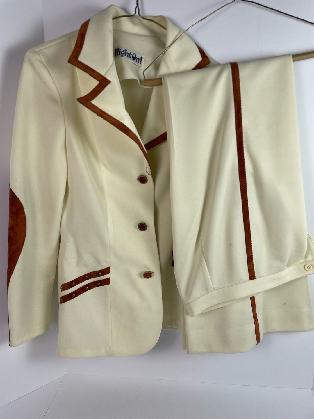 Vintage 1970s Right On! by Estivo 2-Piece Pant Suit White w/ Suede Western Trim