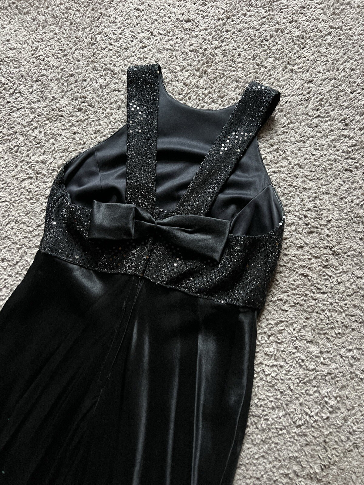 Vintage 90s Y2K Formal Dress Black Sequin Satin Maxi Full Length Made in USA