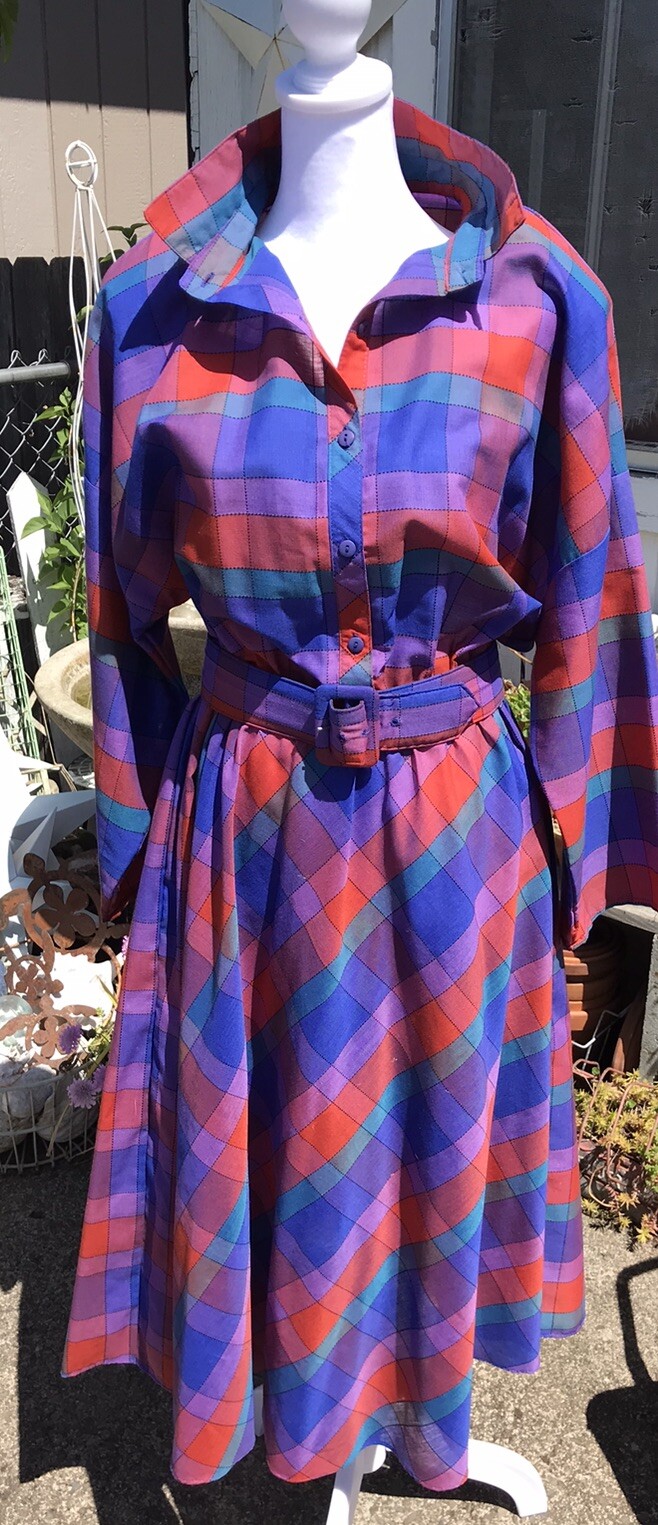 Vtg 80’s AMERICAN SHIRT DRESS Women’s M L 13 Geo Color Block Belted Shldr Pads