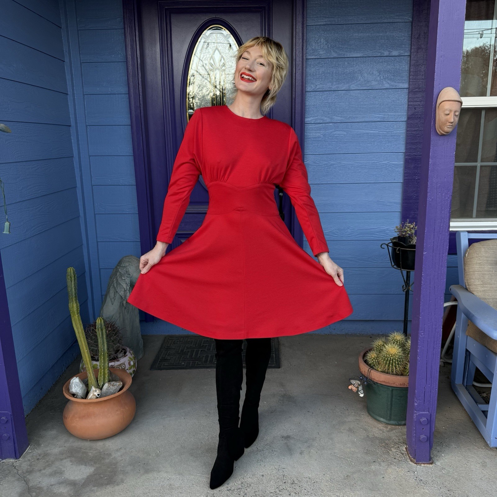 Red Studio E vintage 80s 90s Midi dress long sleeves Size Small Holiday Party