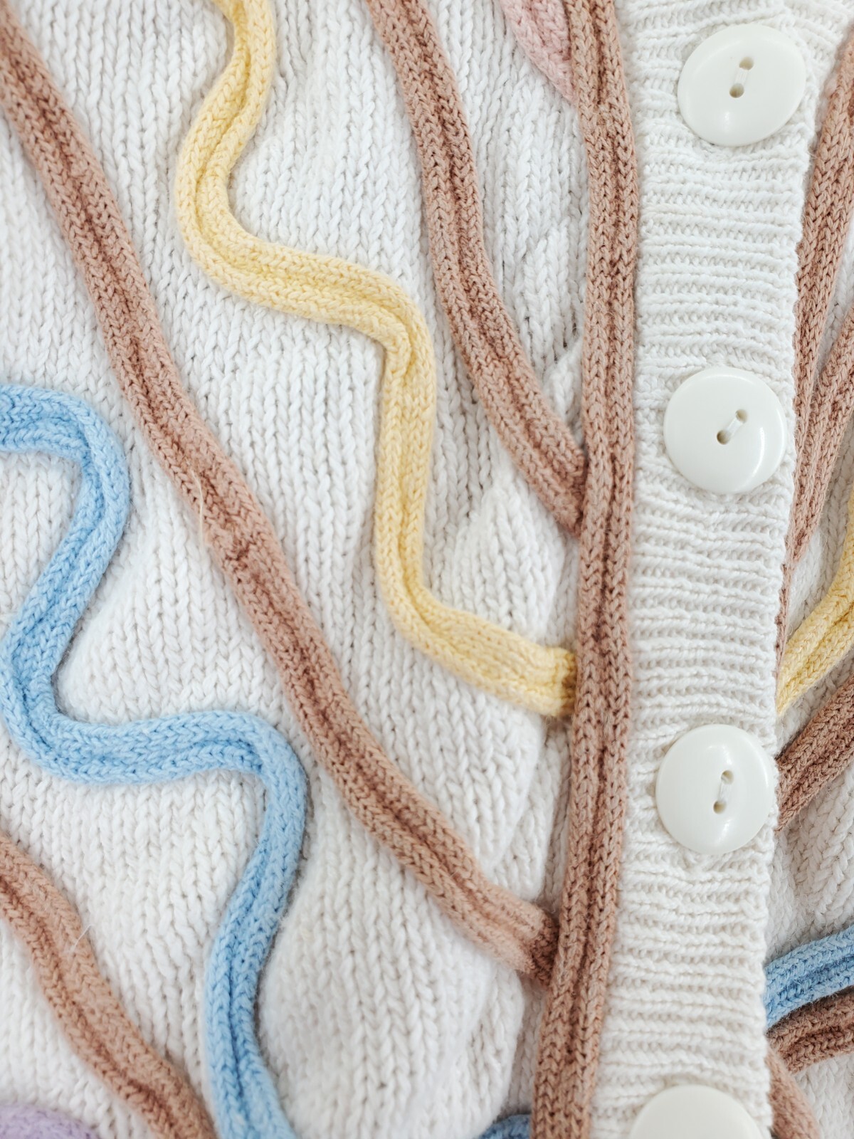 Cardigan Sweater Button V-Neck Cream Colorful Pastel Overstitch Cable M Vtg 80s